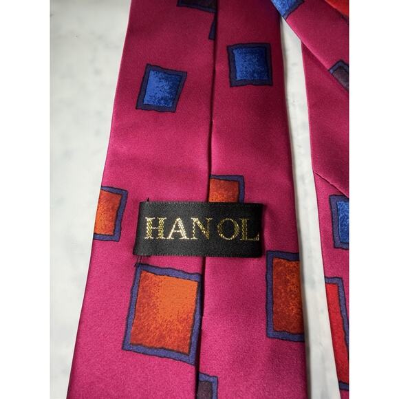VINTAGE MENS HANOL NECK TIE Pink with Geometric Pattern 100% Silk - Picture 2 of 4
